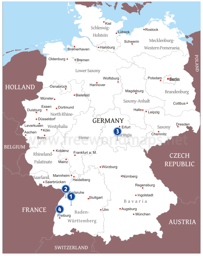 This map shows Germany today, with locations of sites in my story.
